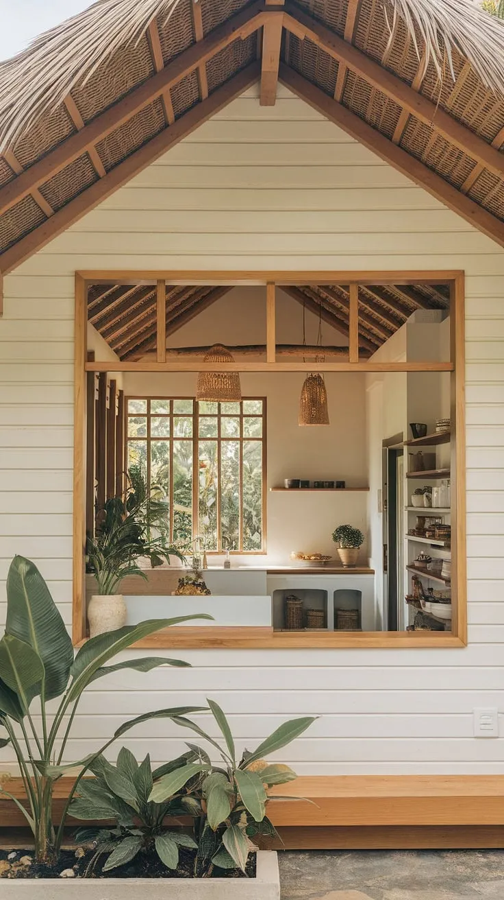 Natural light floods a stone-floored kitchen, blending tropical plants with a cabin-like wooden structure.