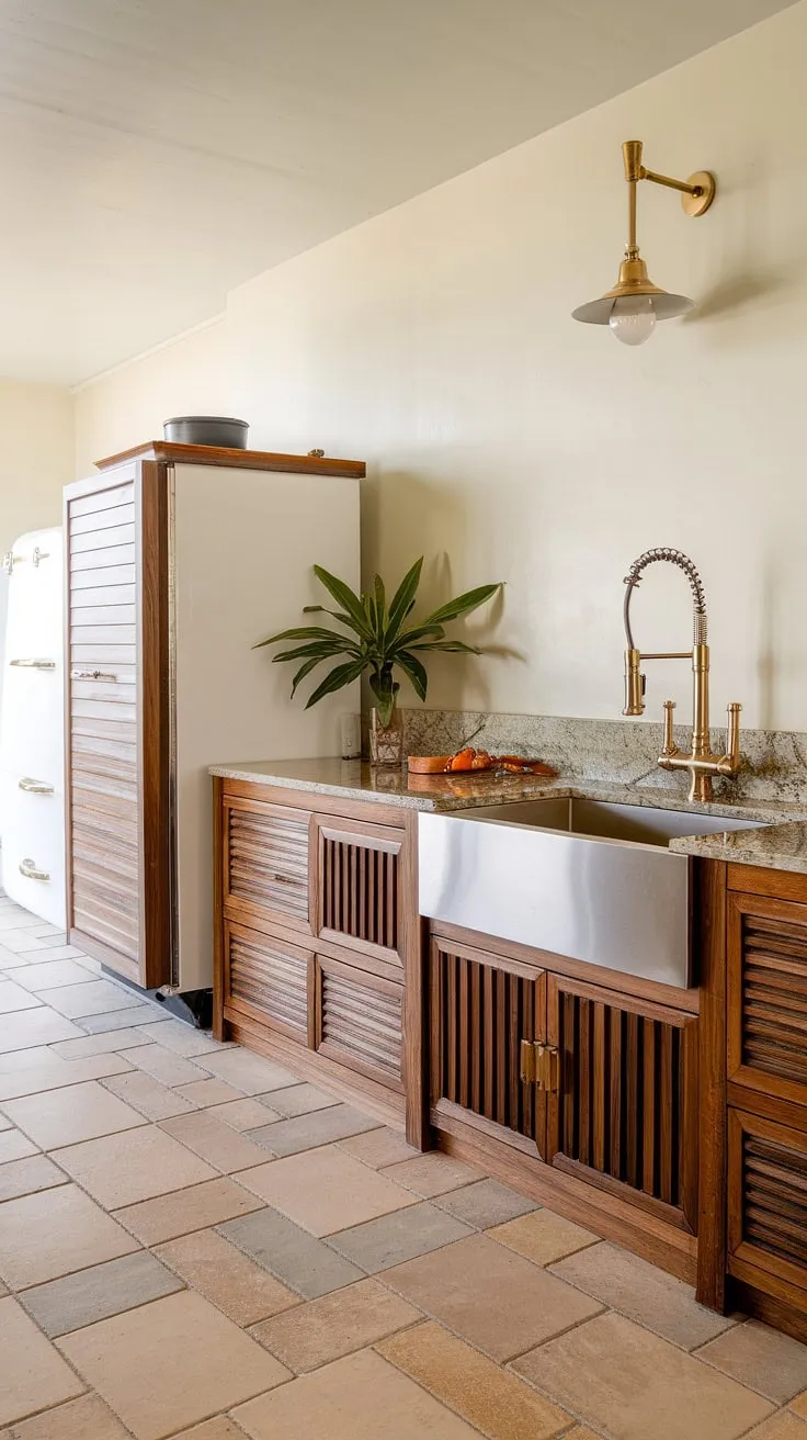Elegant brass fixtures and warm wood accents highlight a modern tropical kitchen design.