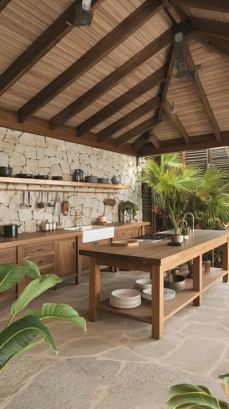 Earthy materials and tropical greenery create a warm modern kitchen