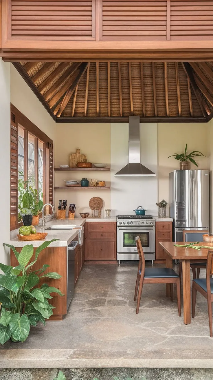 A bright, airy tropical kitchen blends modern stainless steel appliances with warm wood and stone, creating a welcoming colonial-inspired space.