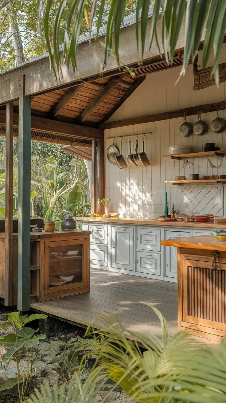 Sunlight streams into a rustic, wood-and-white tropical kitchen nestled in lush greenery.