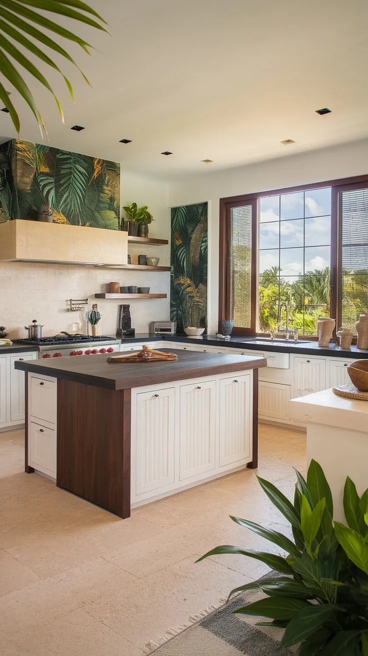 White and dark wood cabinetry create a sophisticated tropical kitchen, enhanced by beige accents and abundant natural light.