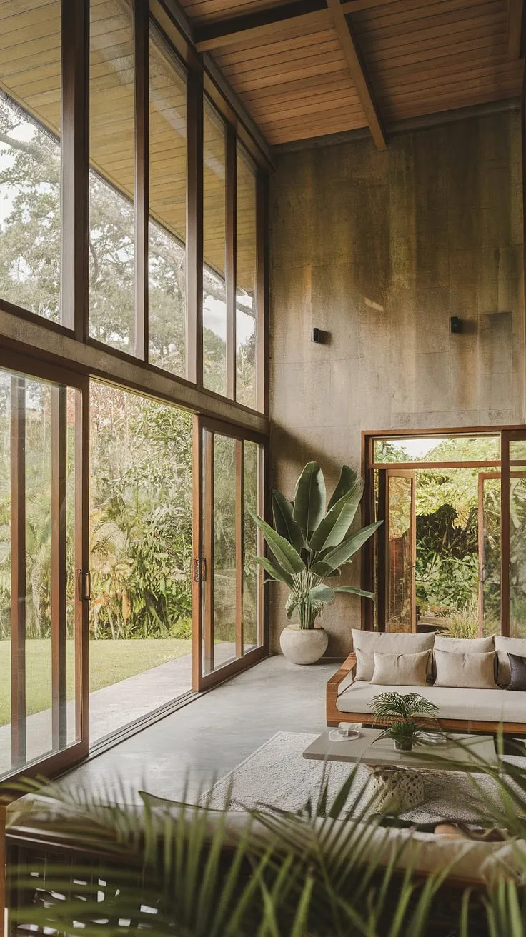 Sunlight floods a modern tropical living room, its high ceiling and expansive glass doors revealing a vibrant green landscape.