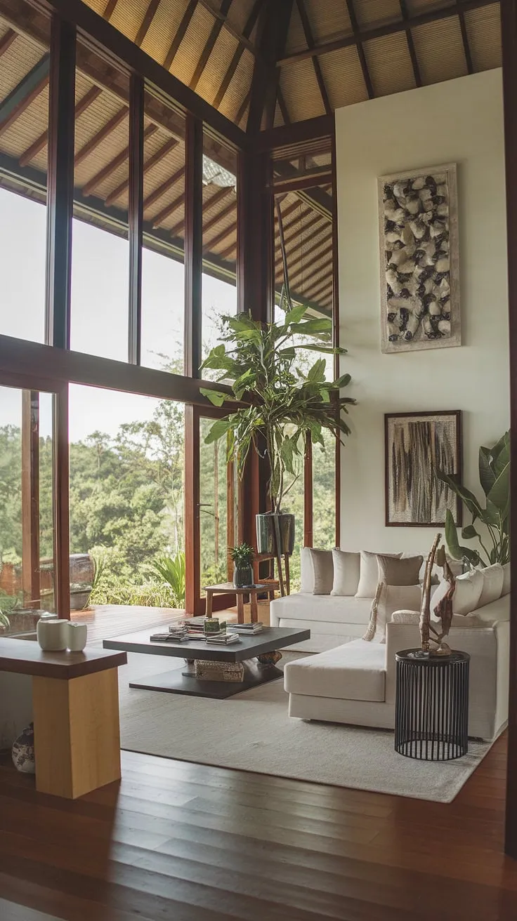 A bright, airy tropical living room showcases modern Balinese furniture against a backdrop of vibrant greenery.