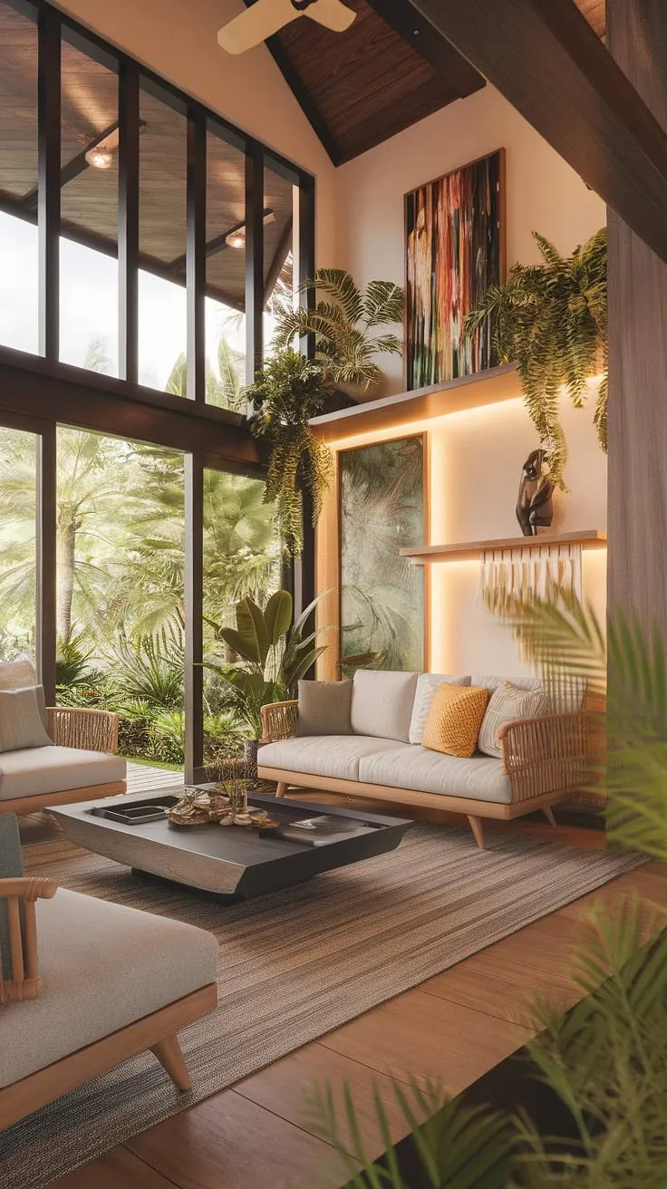A modern tropical living room blends Balinese and Caribbean design elements for a vibrant, airy space.