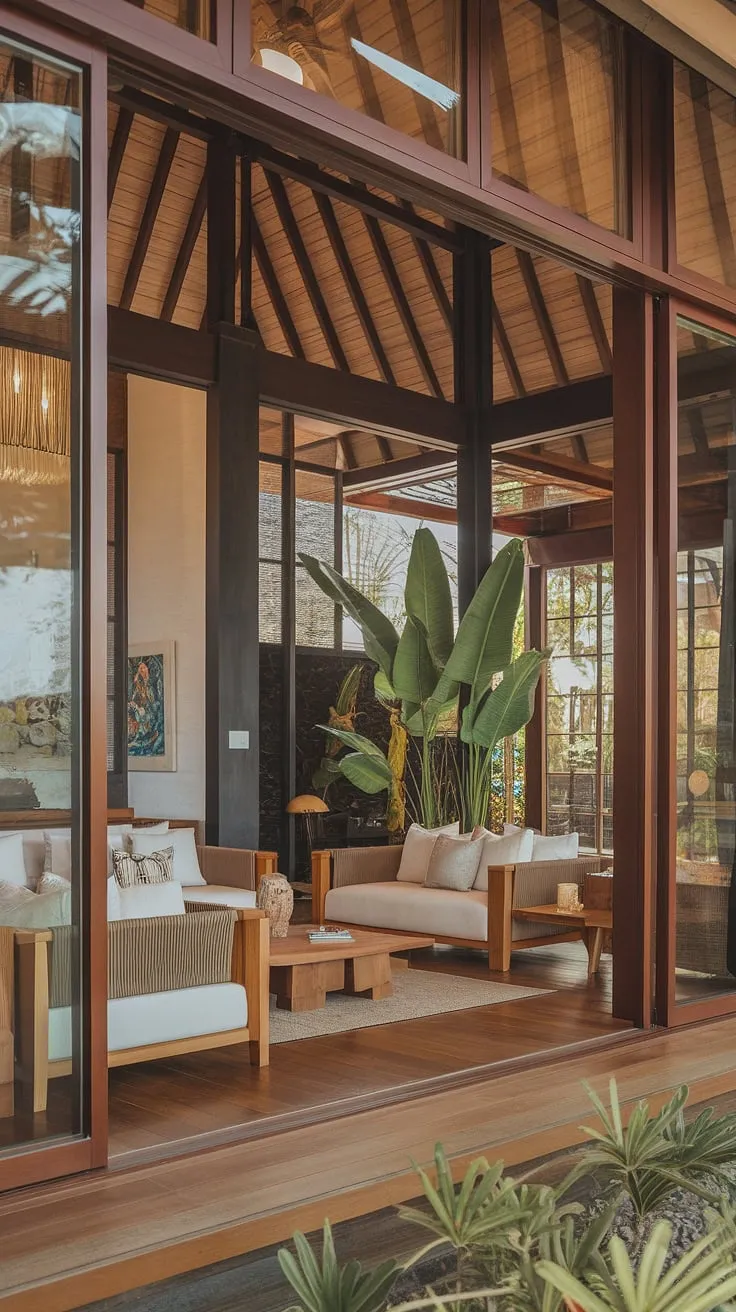 A modern Balinese-inspired living room basks in natural light, showcasing high ceilings, wooden accents, and lush greenery for a warm, inviting tropical escape.