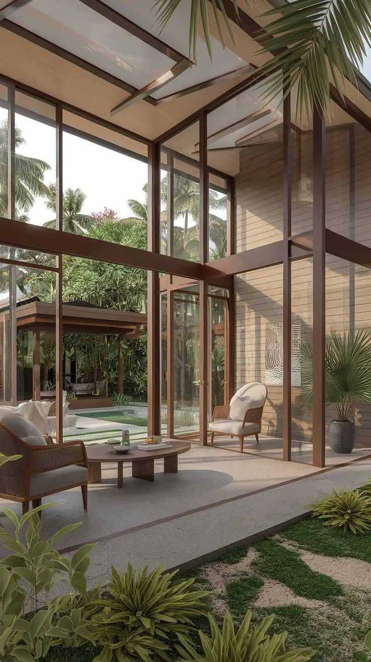 Sunlight streams into a tranquil Balinese-Caribbean living room, blending indoor comfort with outdoor serenity.