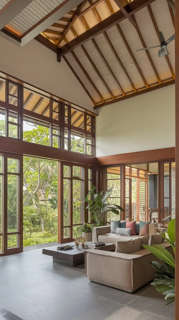 Luxurious Balinese-inspired living blends modern comfort with abundant natural light and lush greenery views