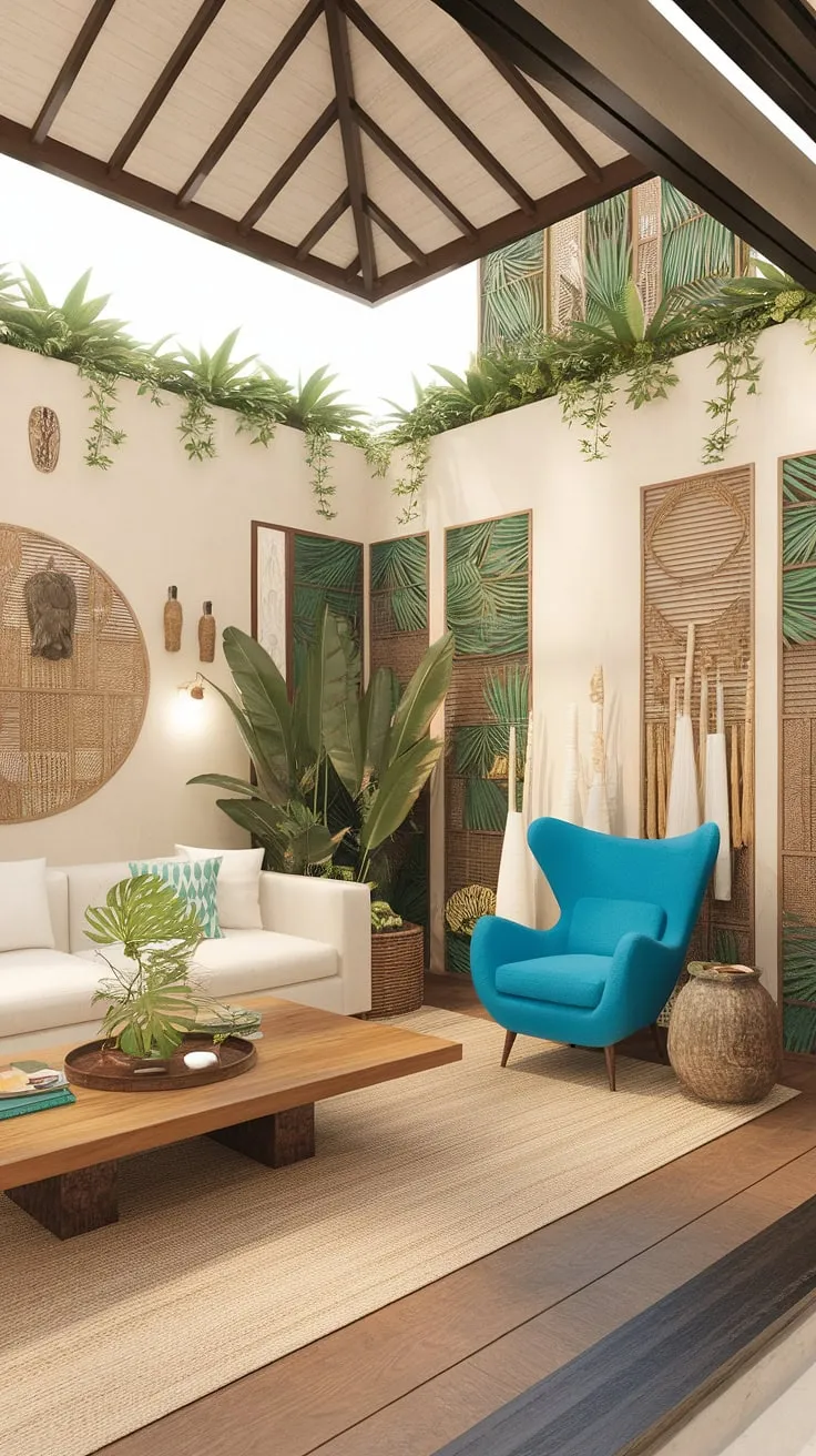 Sunlight floods a high-ceilinged tropical living room, blending Balinese and Caribbean styles with natural wood floors, lush plants, and comfortable white seating.