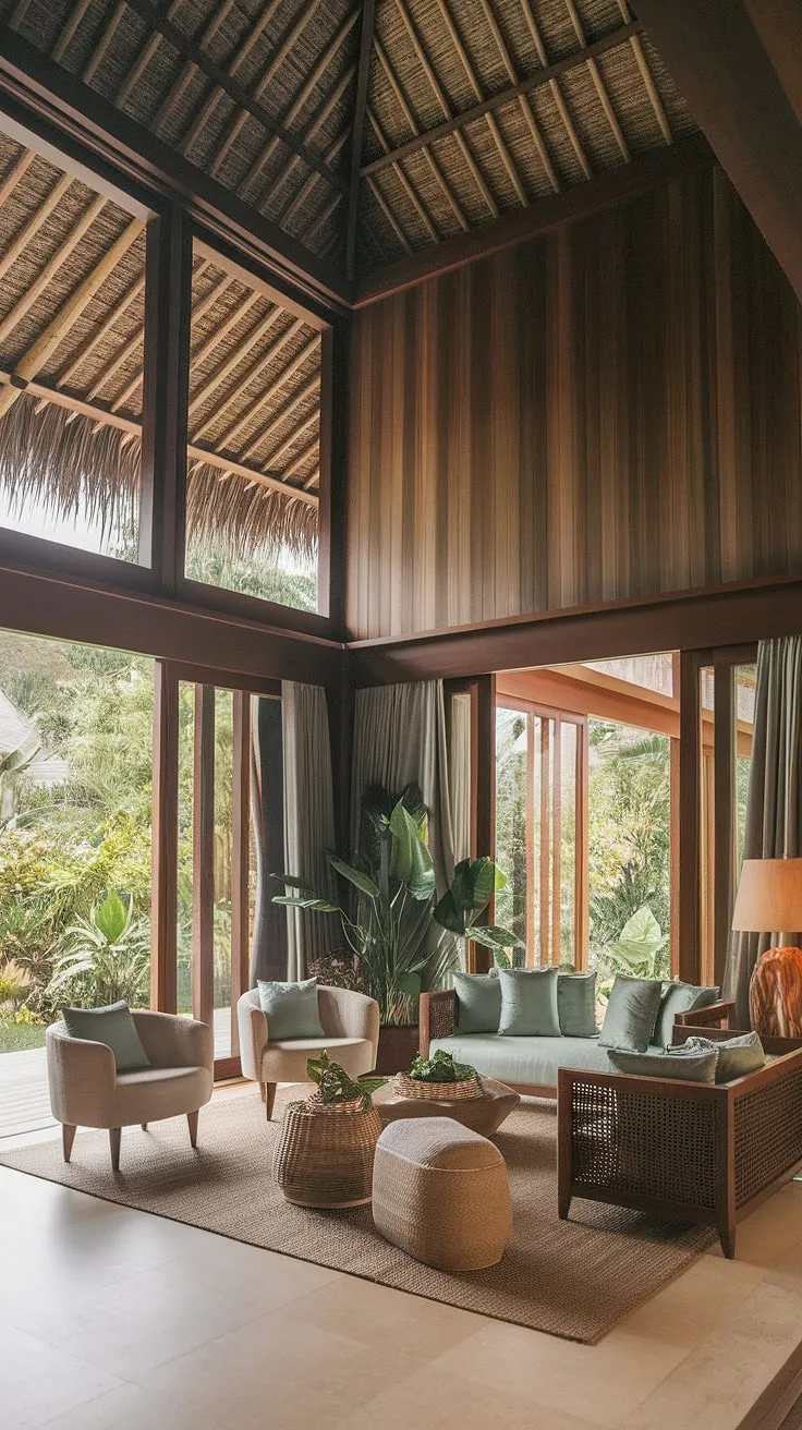 Modern tropical design creates a serene living space with high ceilings, large windows, and lush greenery views