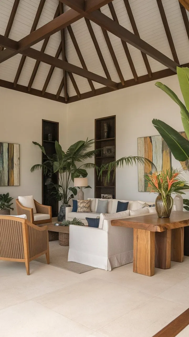 Transform your living room into a tropical oasis, where Balinese calm meets Caribbean flair, inviting you to unwind in sunlit serenity.