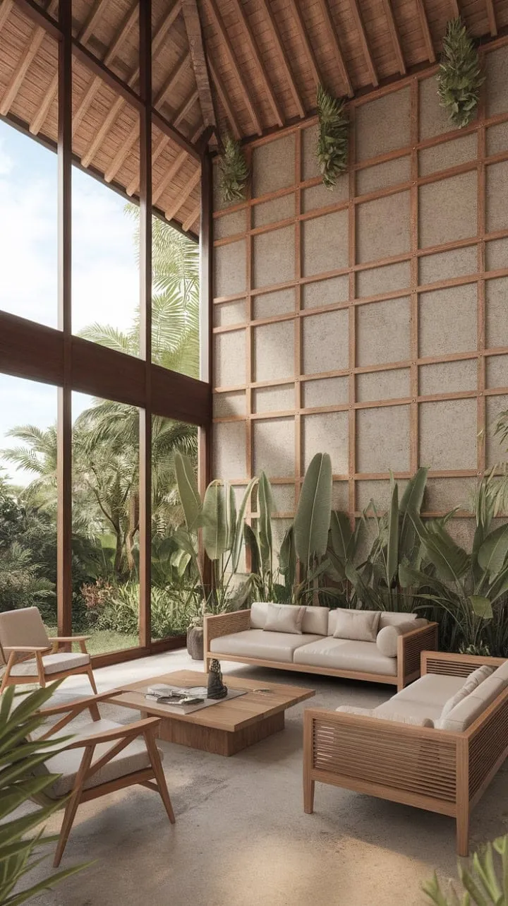 This living room is a serene escape that harmoniously combines Bali's artisanal charm with the airy essence of the Caribbean, all under soaring ceilings and a wash of natural light.