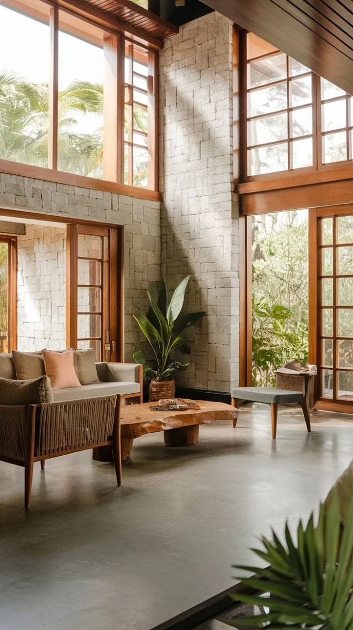 Discover a serene Balinese-inspired living room where natural elements and sophisticated design harmoniously unite to create a tranquil sanctuary.