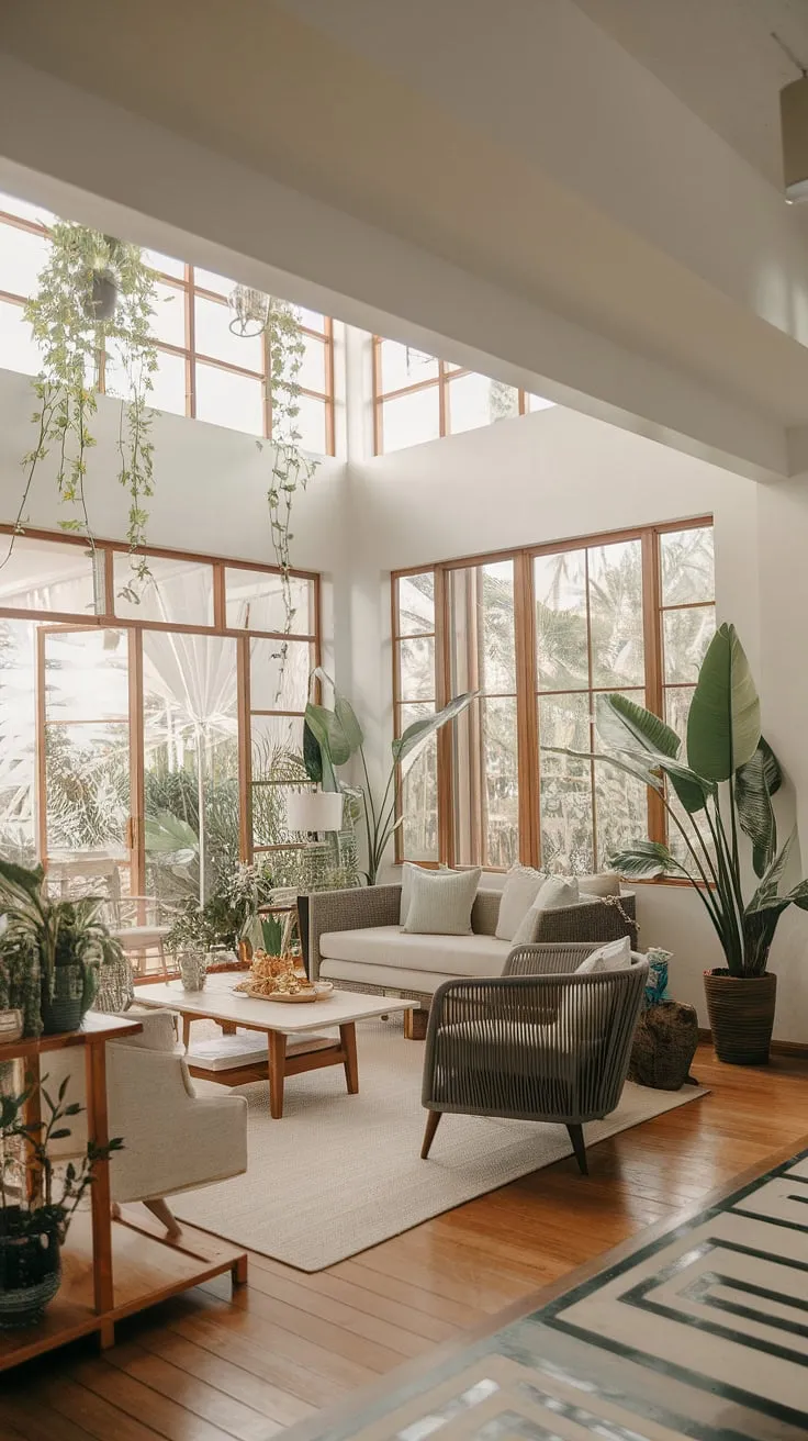 Sunlight streams into a bright, airy tropical living room filled with lush plants and natural wood accents.