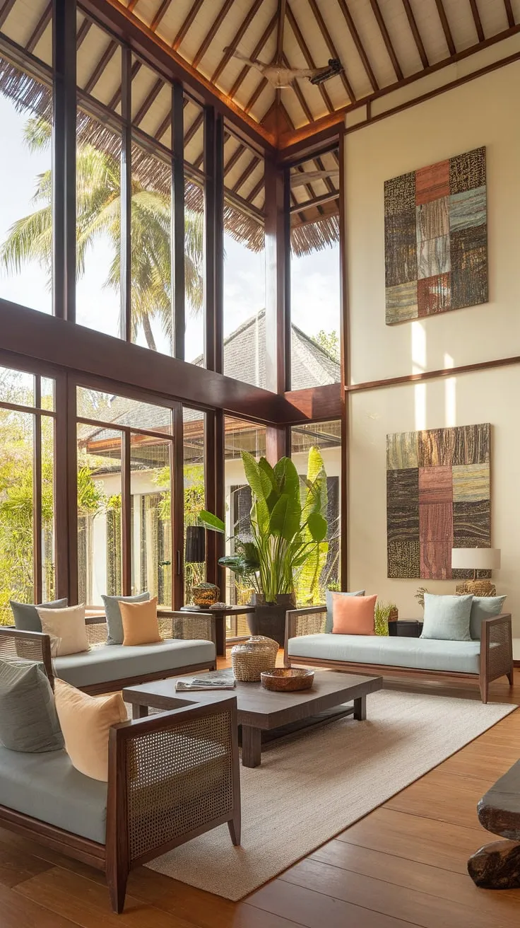 Sunlight streams into a modern Balinese living room, highlighting its airy design and comfortable furnishings