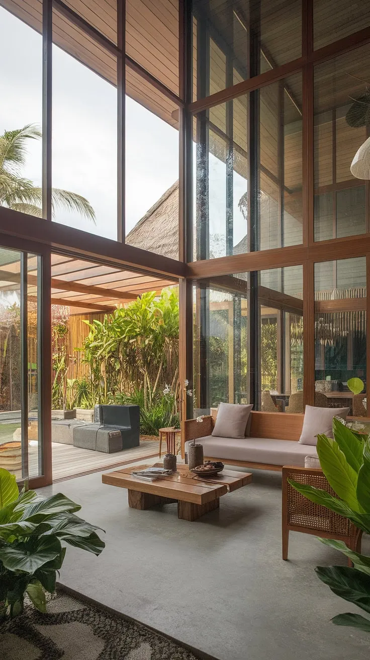 High ceilings and expansive windows flood a Balinese-Caribbean inspired living room with natural light, highlighting its wooden structure and concrete floor.