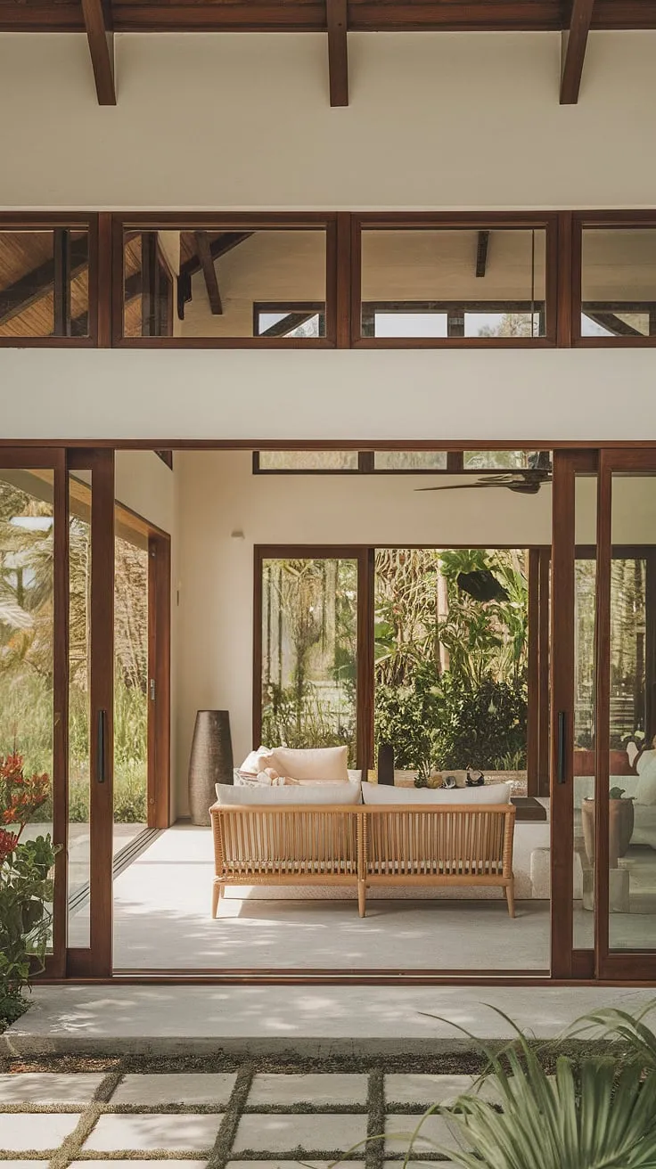 Modern tropical architecture bathes a high-ceilinged living room in natural light