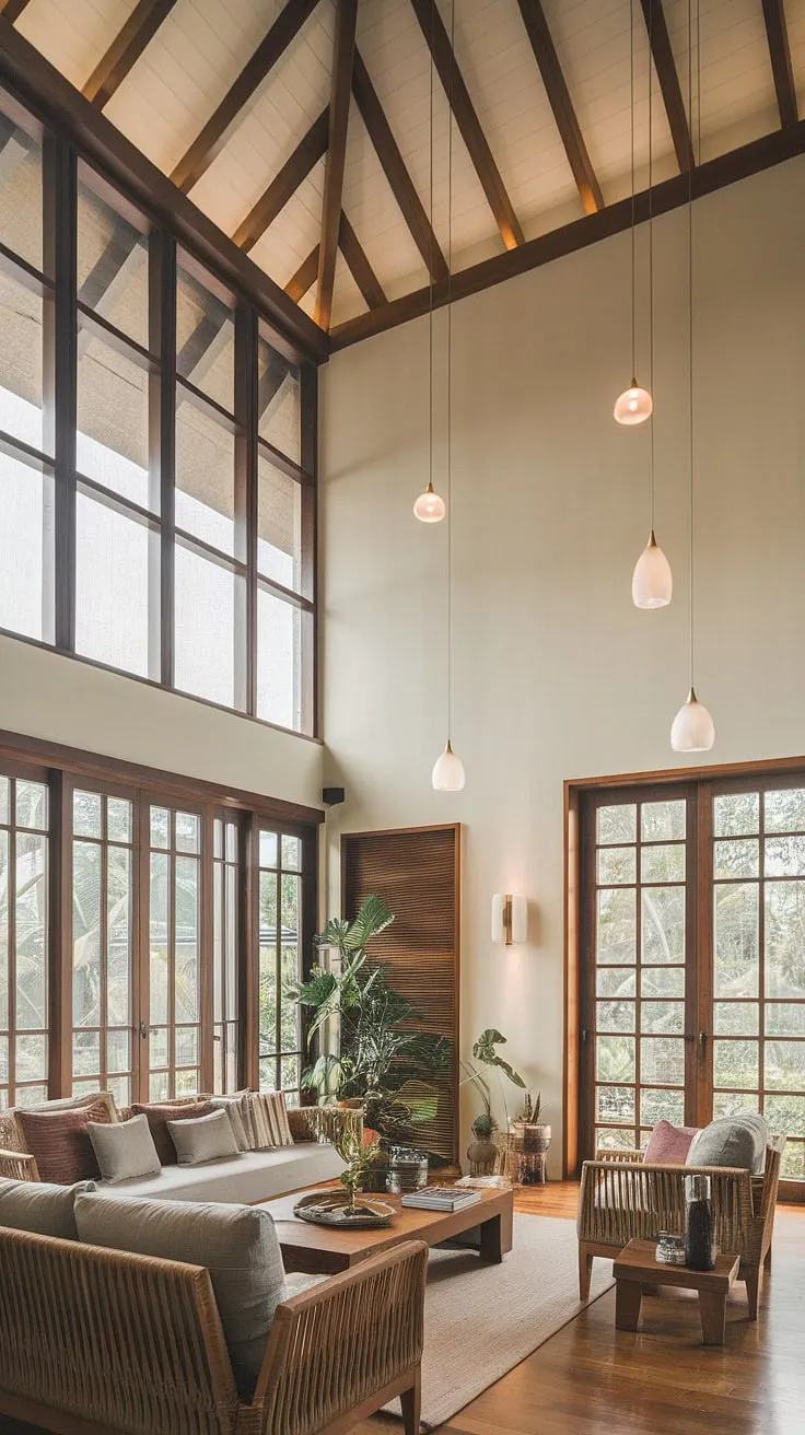 High ceilings, natural light, and tropical accents create a serene modern living room.