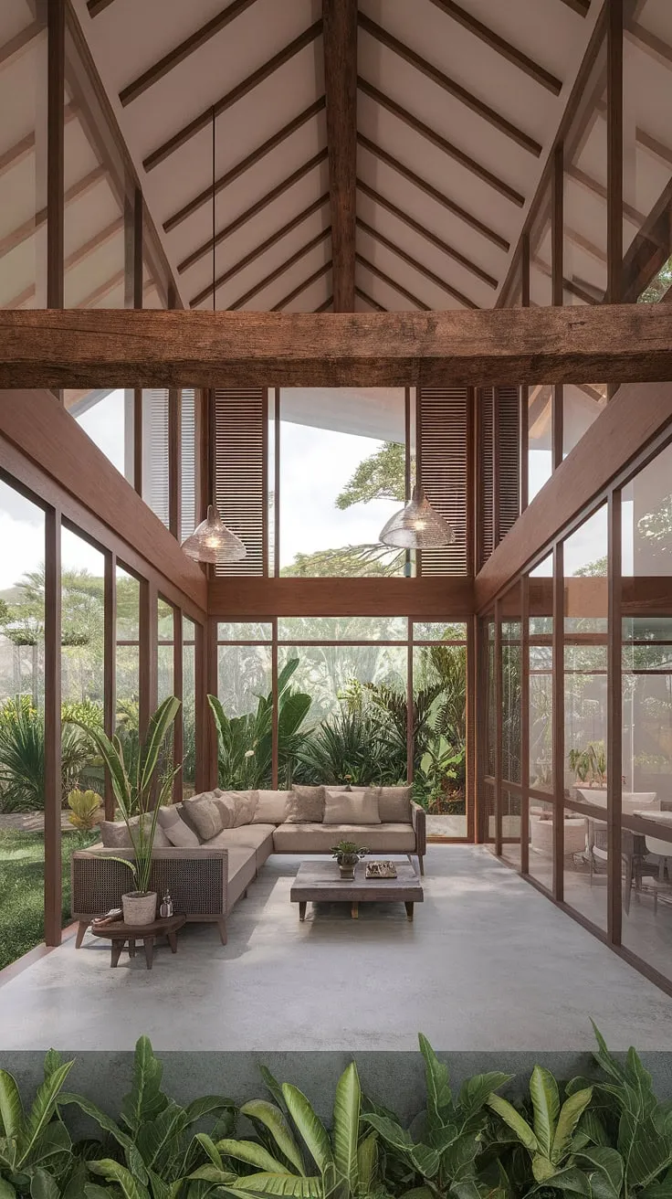 A modern tropical living room design, featuring wood and glass walls, opens to lush greenery, creating a tranquil indoor-outdoor space.