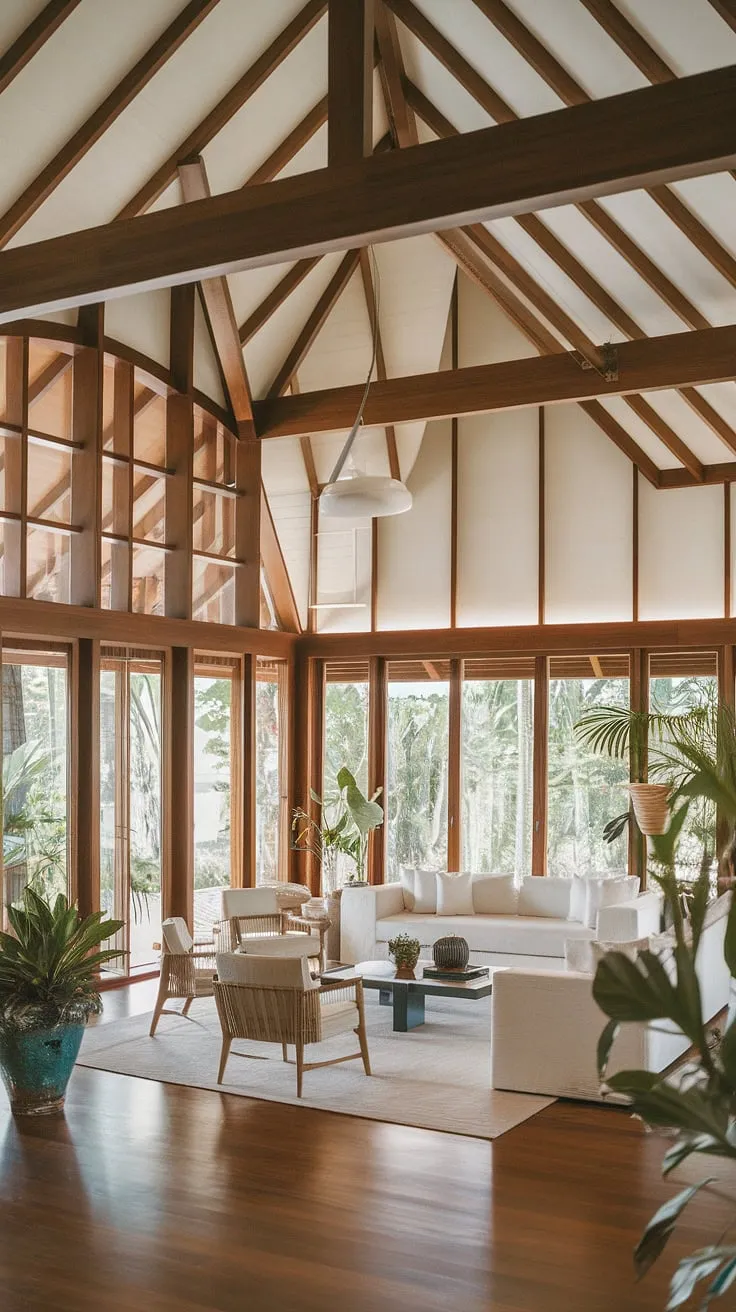 Sunlight streams into a minimalist tropical living room, its high ceiling and dark wood floors complemented by potted plants and modern white furniture.