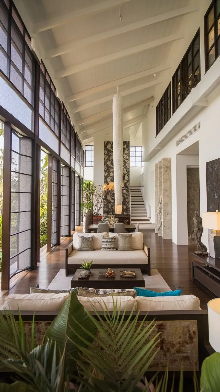 High ceilings and large windows flood this modern tropical living room with natural light, creating an airy and open atmosphere