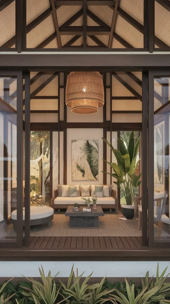 This living room blends Balinese tranquility with Caribbean warmth, featuring high ceilings, natural light, and vibrant artwork for a serene escape.