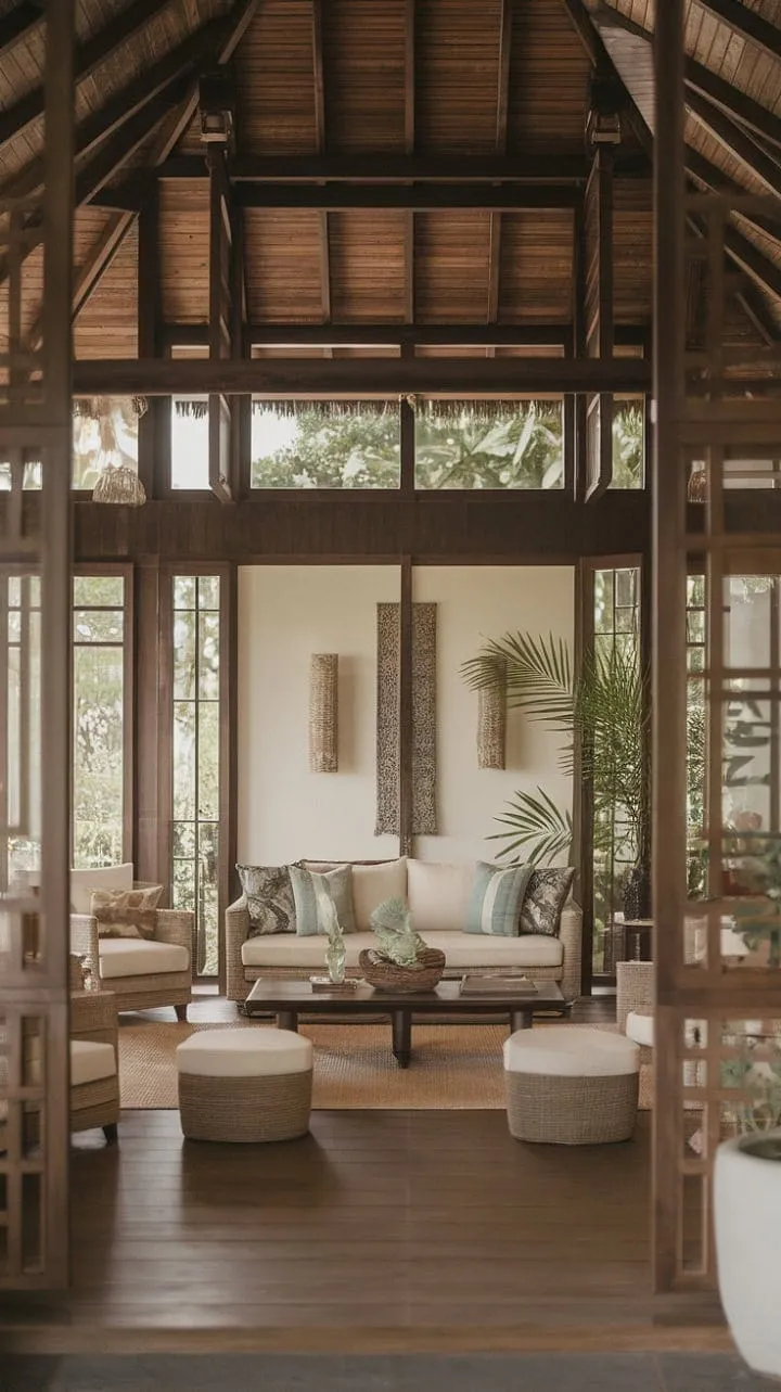 Sunlight dances through expansive windows in this Balinese-Caribbean living room, where airy tranquility meets playful sophistication in a harmonious island retreat.