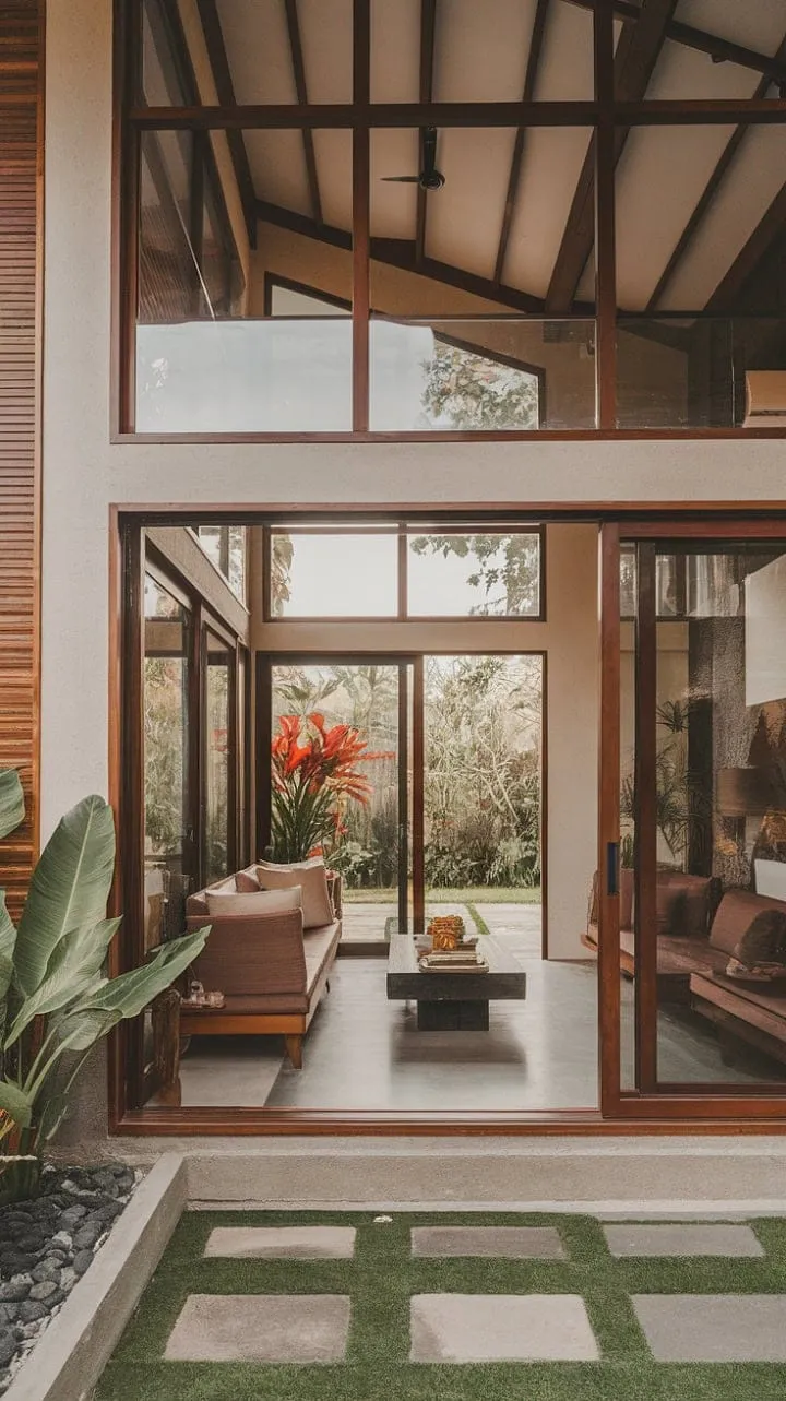 Bathed in sunlight, this Balinese-inspired living room harmoniously merges modern comfort with tropical tranquility through its expansive windows and seamless outdoor connection.