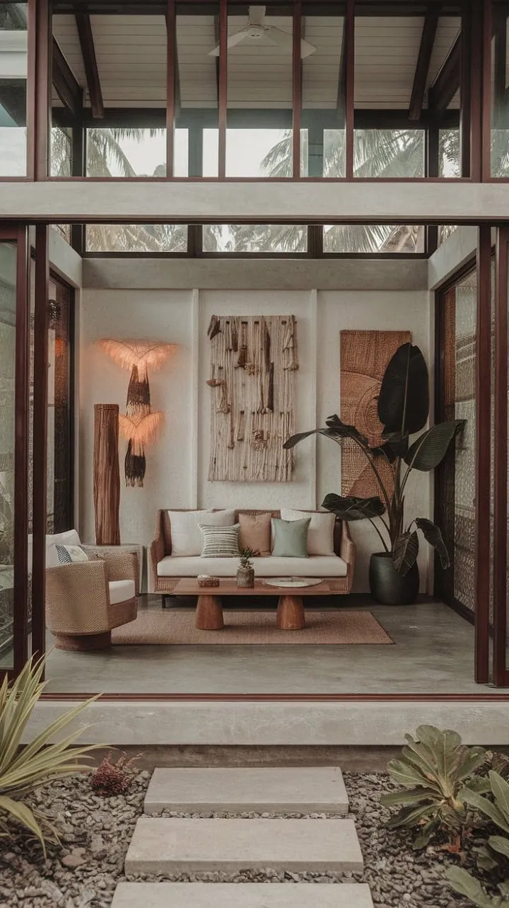 This living room harmoniously fuses raw concrete with warm natural elements and vibrant art, creating a strikingly modern yet inviting tropical retreat.