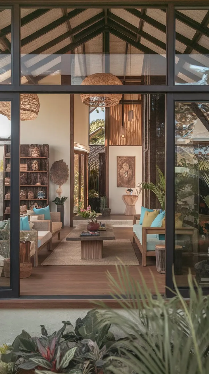 A modern tropical living room, blending Balinese and Caribbean styles, offers a warm, inviting space filled with natural light, wooden furniture, lush plants, and captivating artwork.