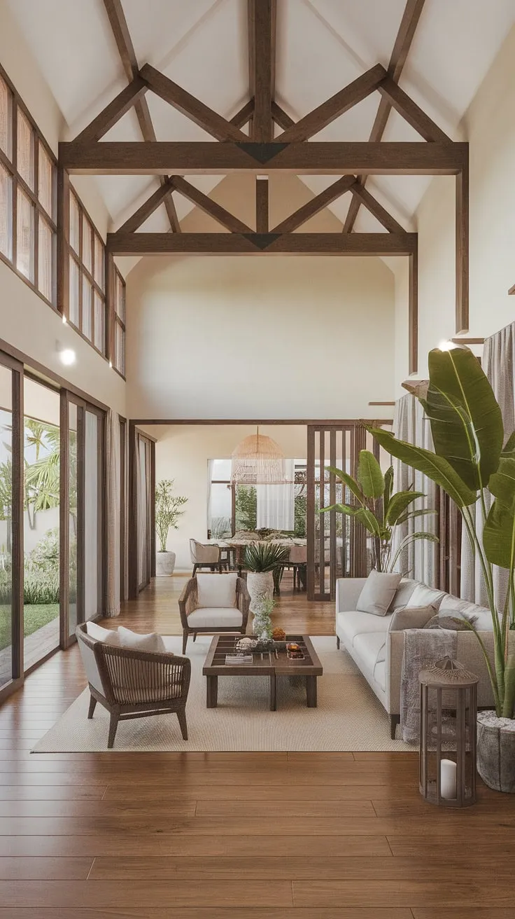 Modern tropical design floods a high-ceilinged living room with natural light and airy elegance