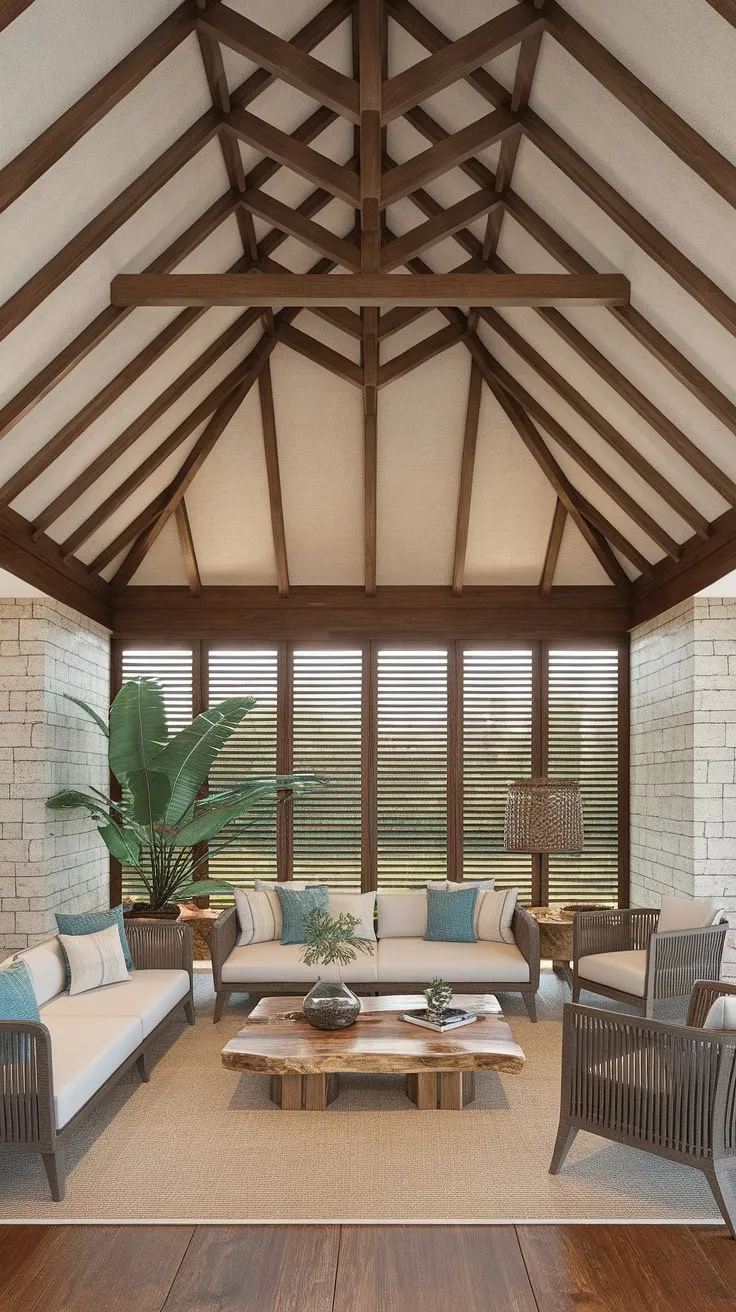 Warm wood, stone walls, and high ceilings create a tranquil Balinese-Caribbean living room escape