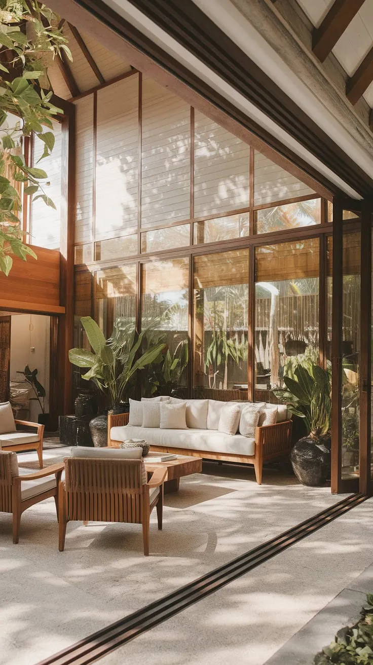 Sunlight floods a high-ceilinged tropical living room, blending Balinese and Caribbean styles with natural materials and expansive views