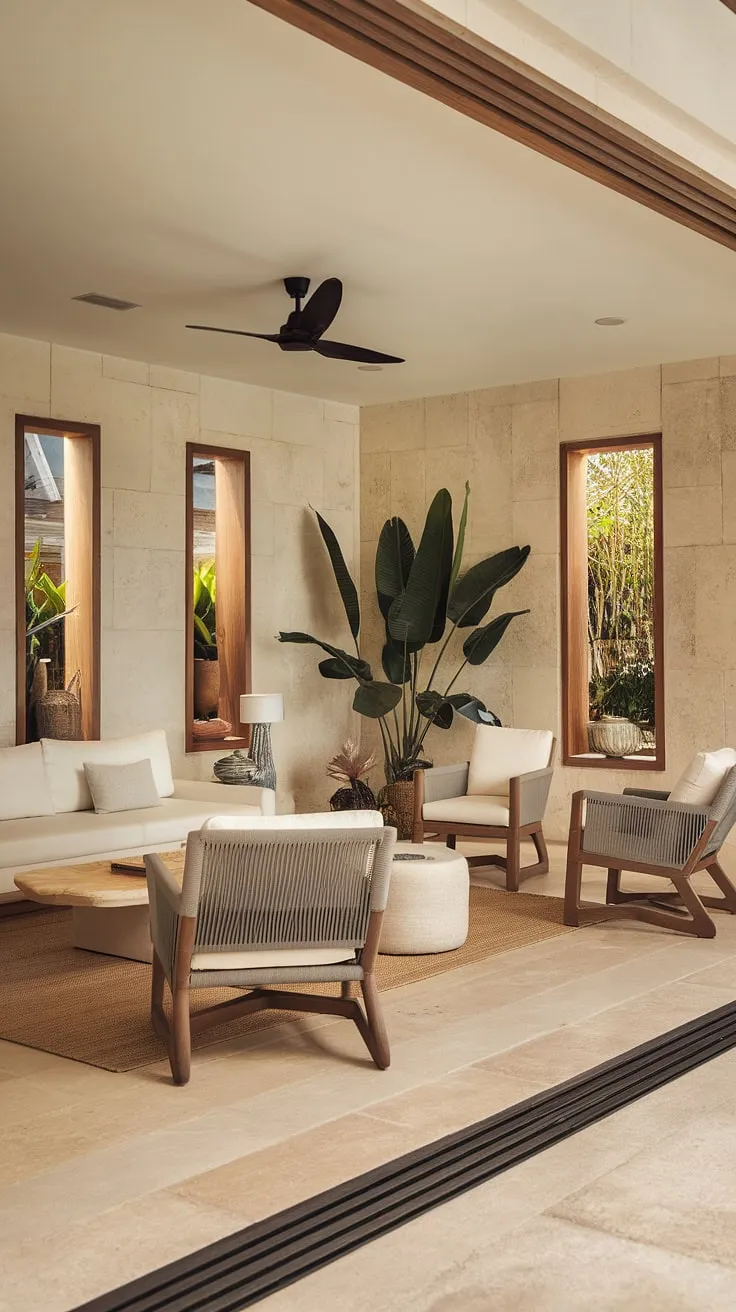 Elegant Caribbean-style living room design showcases airy comfort and tropical charm