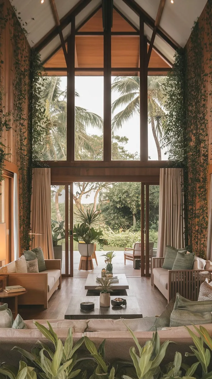 A sun-drenched living room showcases a sophisticated blend of tropical elements and modern furniture.