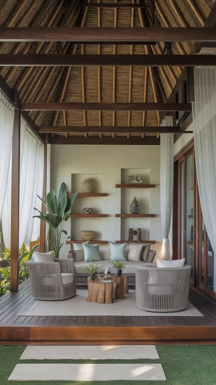 A modern Balinese living room, bathed in soft light and featuring a thatched roof, wooden floors, and lush tropical accents, offers serene comfort.