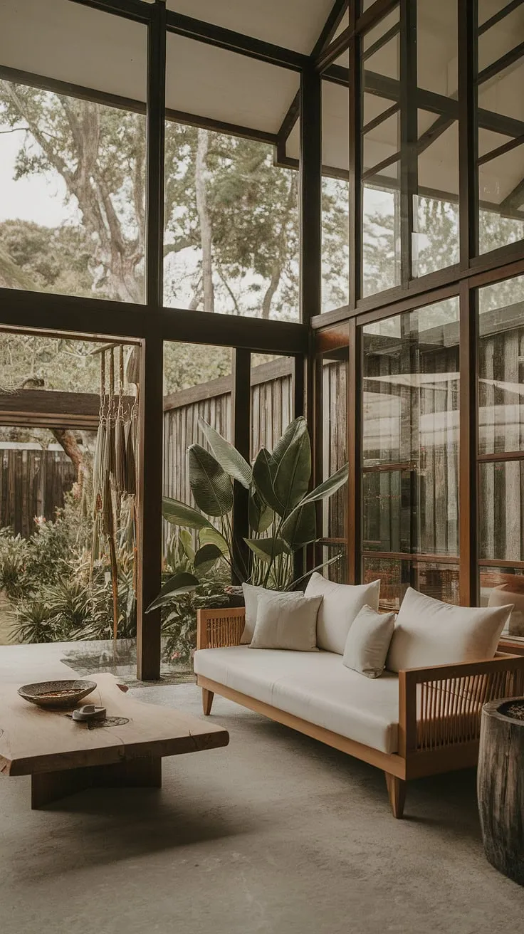 Modern tropical living blends indoor concrete and wood with outdoor greenery, creating an airy, stylish space