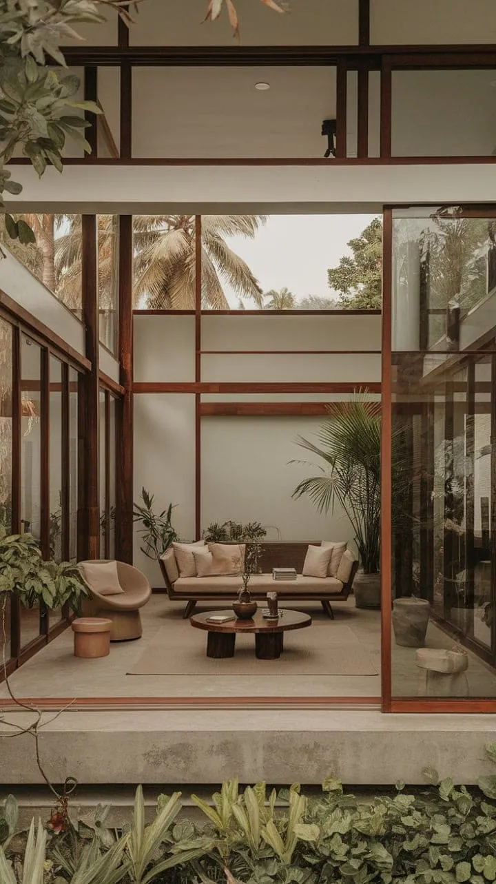 This tropical modern sanctuary harmoniously merges indoor and outdoor spaces, featuring high ceilings, natural light, and curated decor for a serene yet stylish atmosphere.