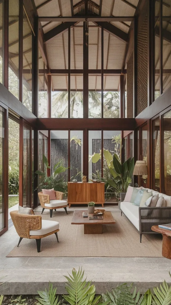 Sunlight floods a serene Balinese-inspired living room, where natural textures and lush greenery blend effortlessly with modern design to create a tranquil oasis of elegance.