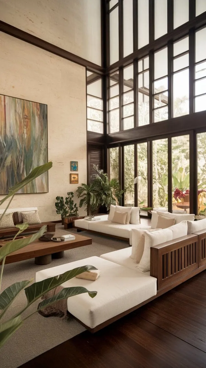 Bathed in sunlight, this tropical living room harmoniously fuses minimalist design with vibrant art and lush greenery, creating a serene yet sophisticated retreat.