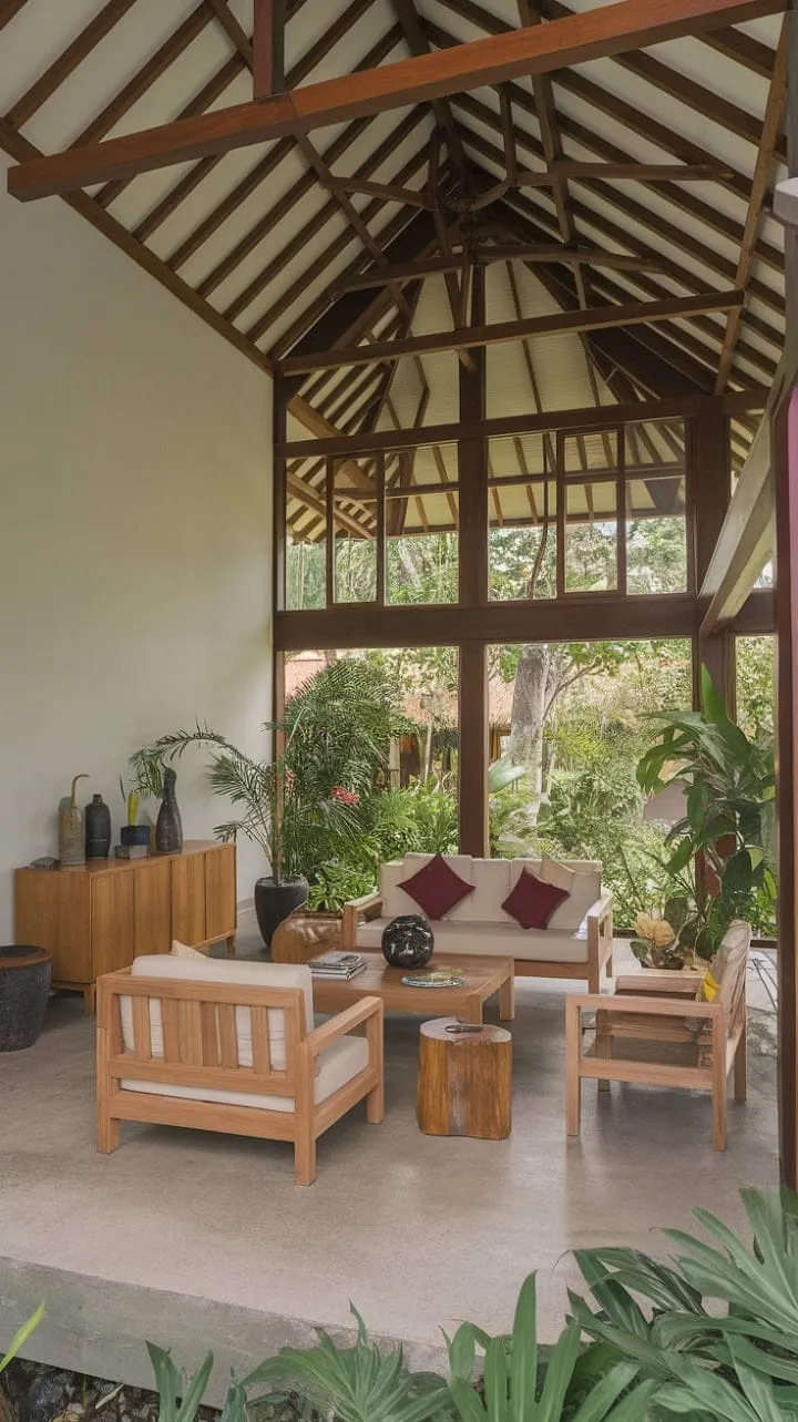 This Balinese-style sanctuary seamlessly merges indoor and outdoor spaces with airy designs and handcrafted teak furnishings, creating an idyllic retreat for tranquility and introspection.