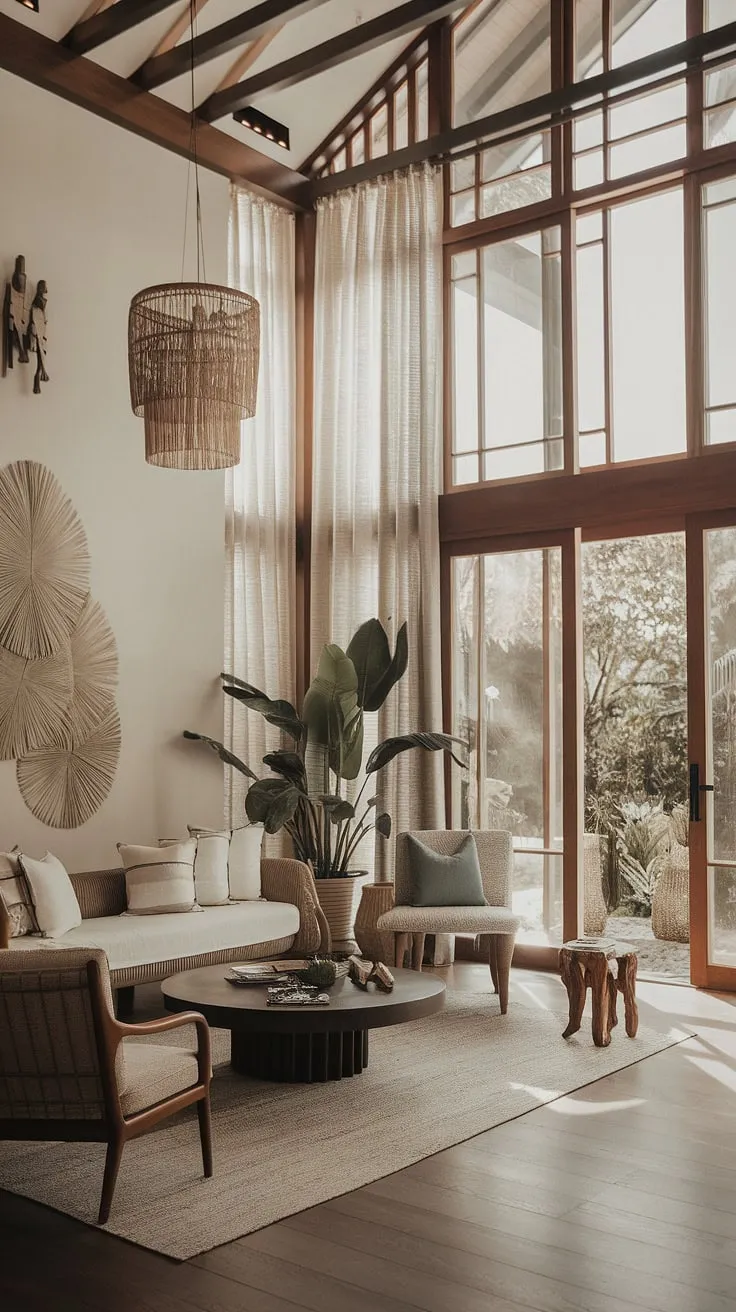 Sunlight floods a modern tropical living room, blending Balinese and Caribbean styles in a high-ceilinged space with hardwood floors and lush decor.