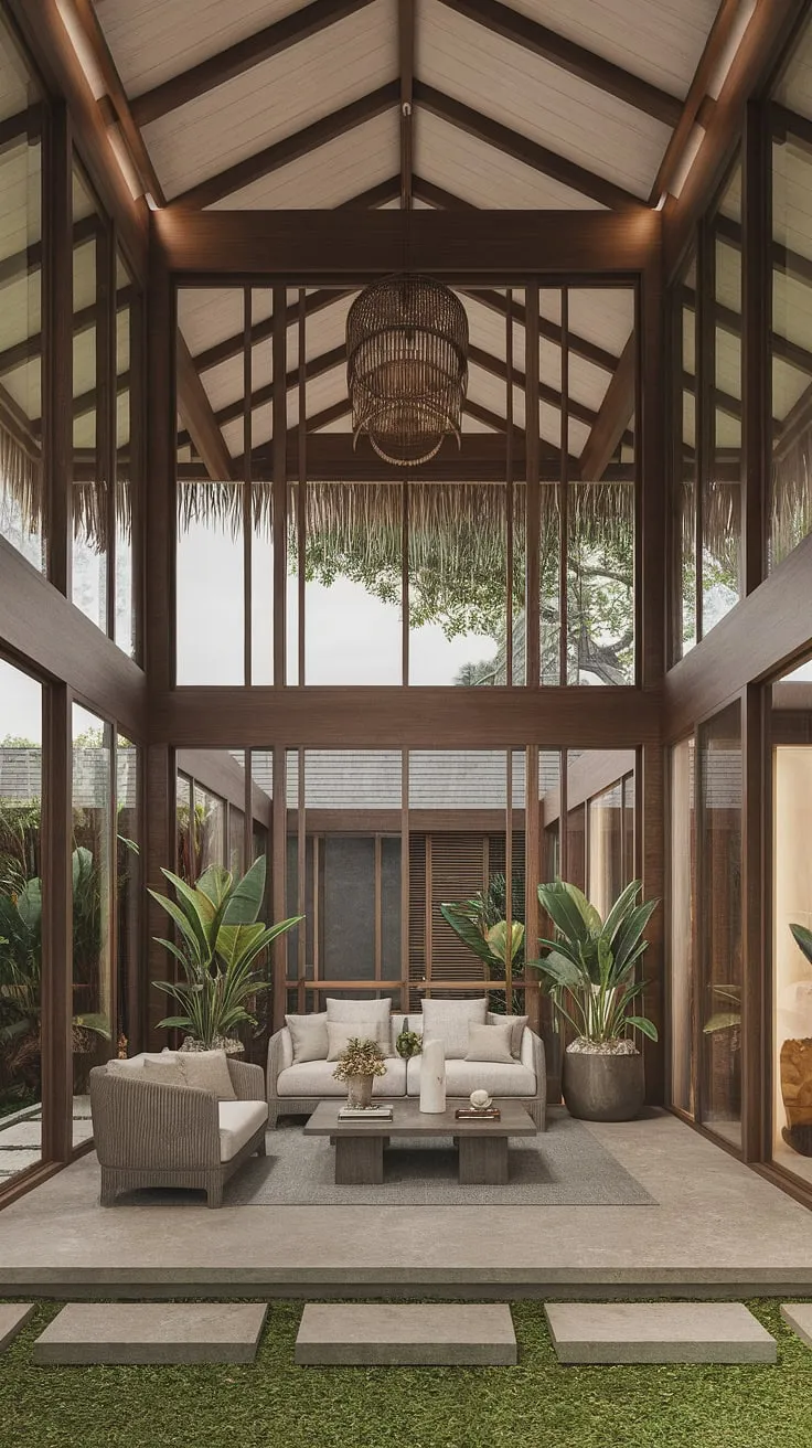 Modern tropical design blends Balinese and Caribbean influences in a high-ceilinged living room with wooden structures and stone floors