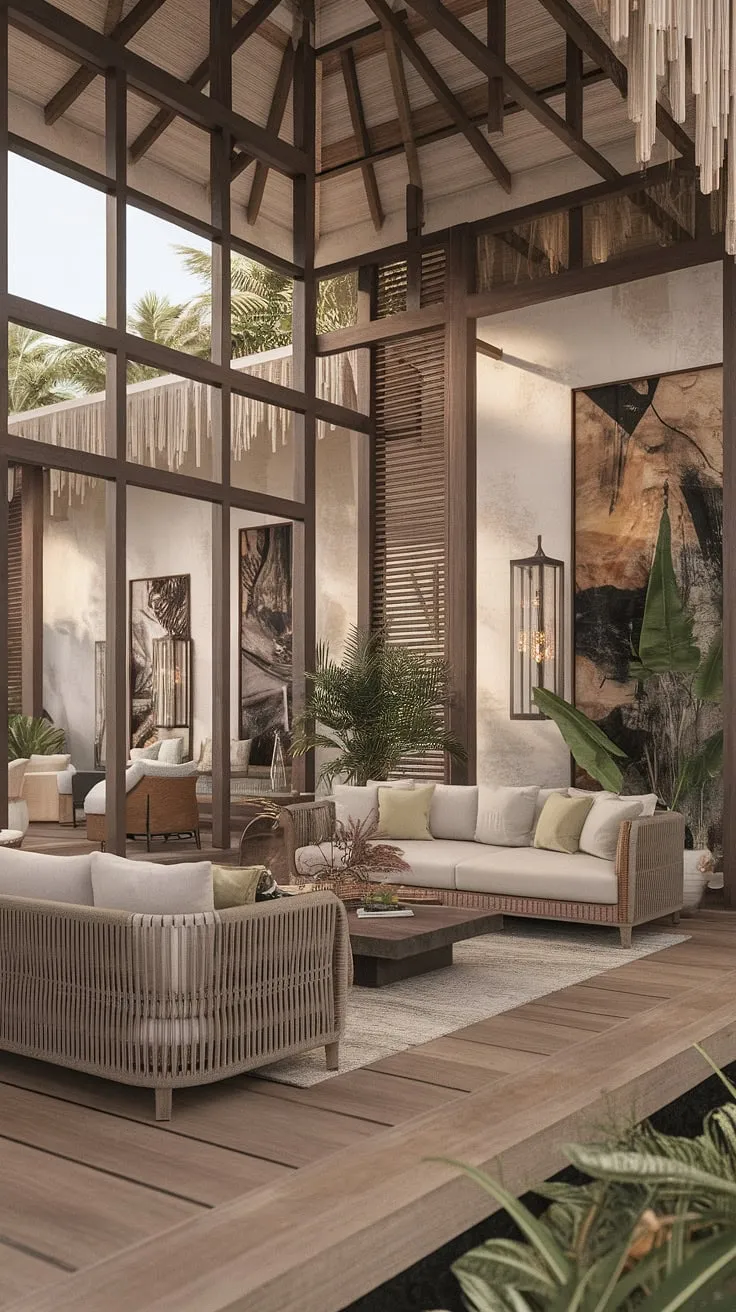 Earthy tones and Balinese-Caribbean design elements create a serene modern tropical living room.