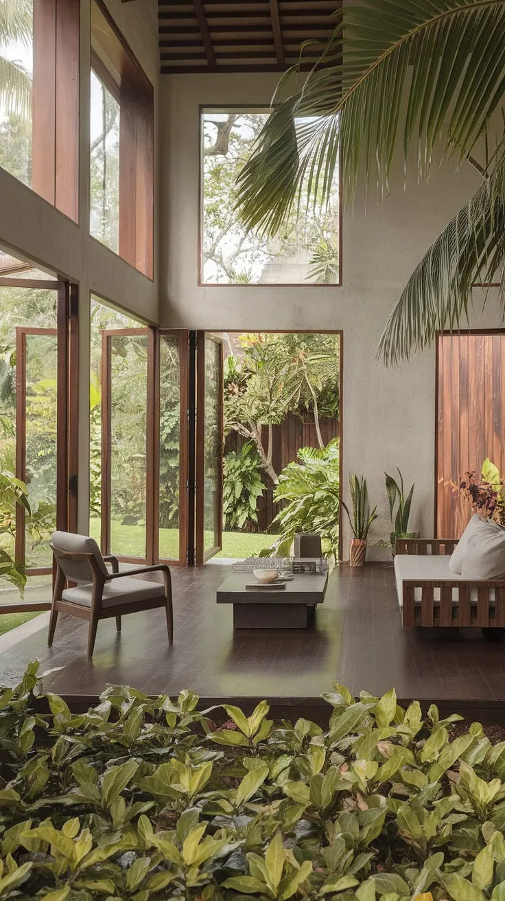 High ceilings and expansive windows showcase a stunning blend of concrete, wood, and vibrant greenery in this tropical living room.