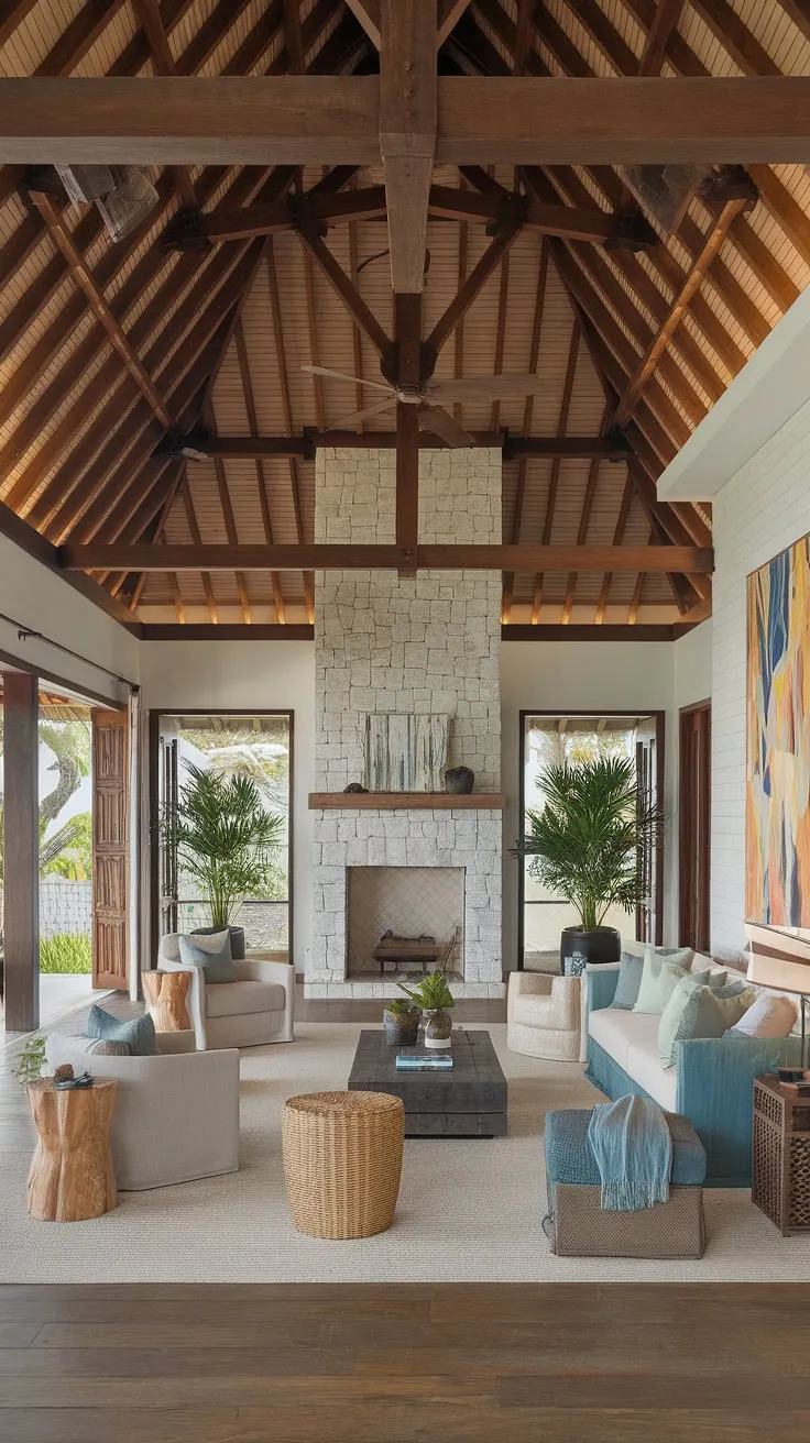 A Balinese-Caribbean living room design blends high ceilings, stone fireplace, and tropical views for ultimate relaxation