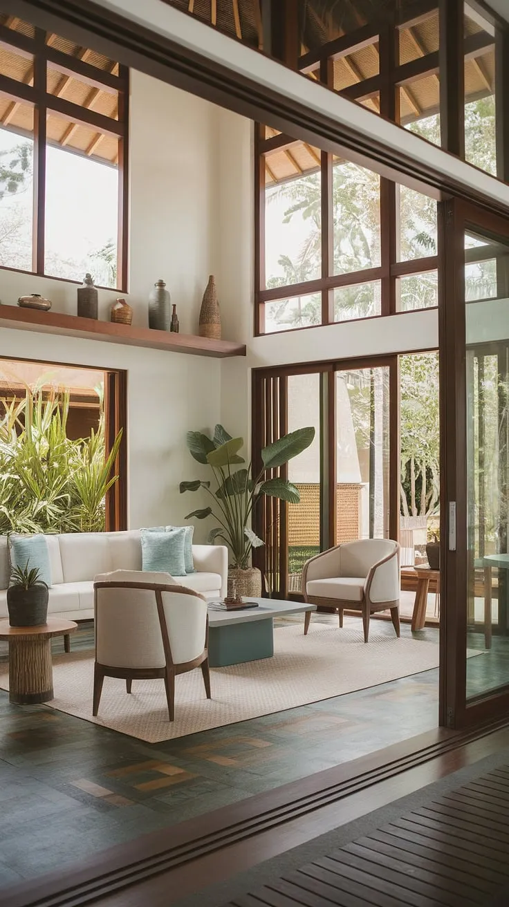 High ceilings and open walls showcase a modern tropical living room's Balinese-Caribbean fusion, blending indoor comfort with outdoor serenity.