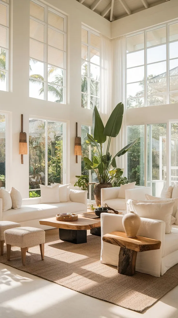Luxurious white sofas and a large potted plant create a calming Balinese-Caribbean fusion in this sun-drenched, high-ceilinged tropical living room.