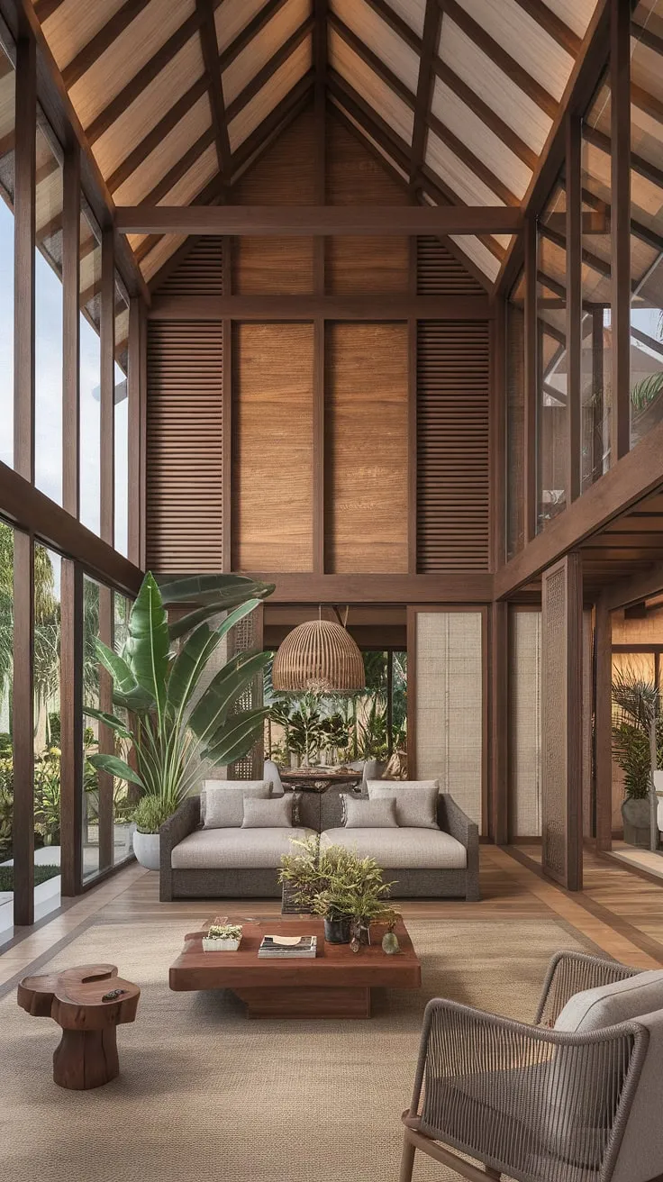Balinese and Caribbean design elements blend in a modern, high-ceilinged tropical living room.