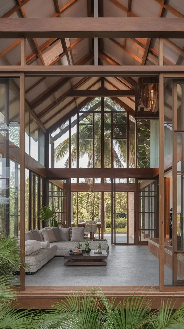 A high-pitched roof and expansive windows bathe this Balinese-Caribbean fusion living room in tropical light, highlighting its natural wooden structure.